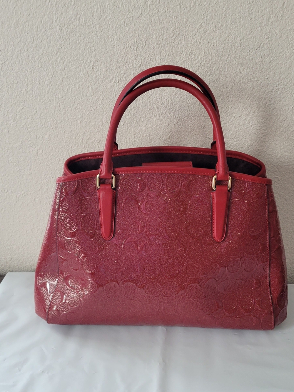 Coach Red Signature Satchel with Gold Chain Accent - Picture 2 of 4